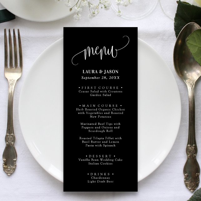 Enkla kalligrafi rustika bröllopsmenyer meny (Simple calligraphy rustic wedding menus add romantic charm and guide guests through your meal.)