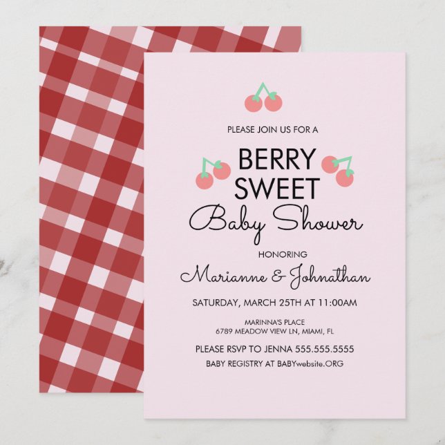 Enkla körsbär frukt rosa röd baby shower  inbjudningar (Fram/baksida)