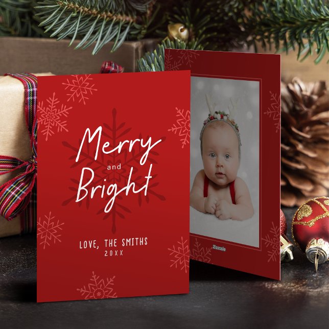 Enkla Merry & Bright Script Snöflingor Jul Julkort (Simple Merry & Bright Script Snowflakes Christmas Holiday Card)