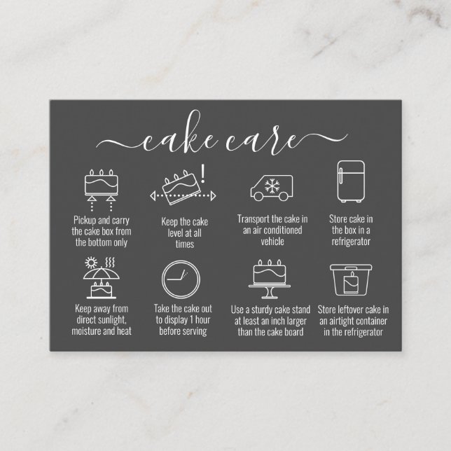 Enkla minimalistiska Tack Cake Care-instruktioner Visitkort (Framsida)