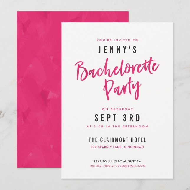 Enkla Modern Shock rosa Bachelorette Party-Inbjudn Inbjudningar (Fram/baksida)