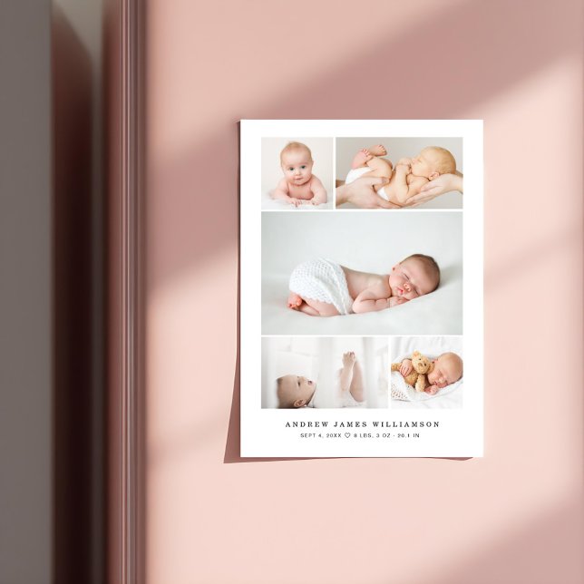 Enkla moderna Baby-fotosamlingsplatser för foto Magnetisk Inbjudningskort (Simple Modern Baby Photo Collage Birth Stats Magnetic Invitation)