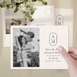 Enkla moderna initialer i beige, foton sparar datu meddelande vykort