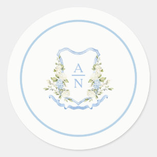 Enkla monogrammestickrar med blå Hydrangea-krön Runt Klistermärke