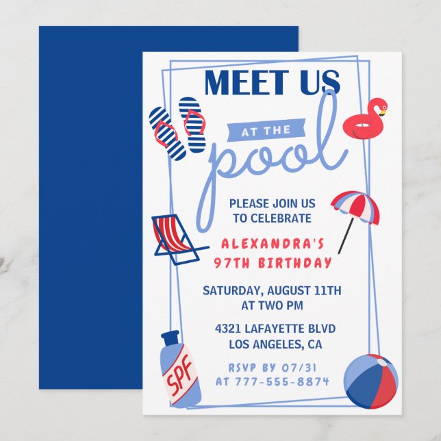 Enkla poolparty-inbjudningar för 97-årsdag  inbjudningar (Fram/baksida)