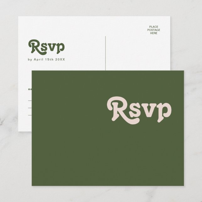 Enkla Retro-vibbar | Olivgrön bröllops-RSVP Vykort (Fram/baksida)