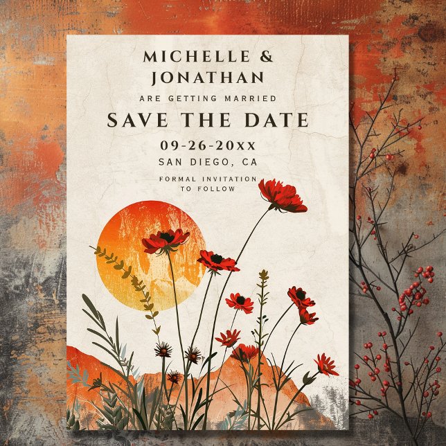 Enkla Röda Vallmos Fria Vilda Blommor Solnedgång B Spara Datumet (Front - Simple Red Poppies Boho Wildflowers Sunset Wedding Save The Date)