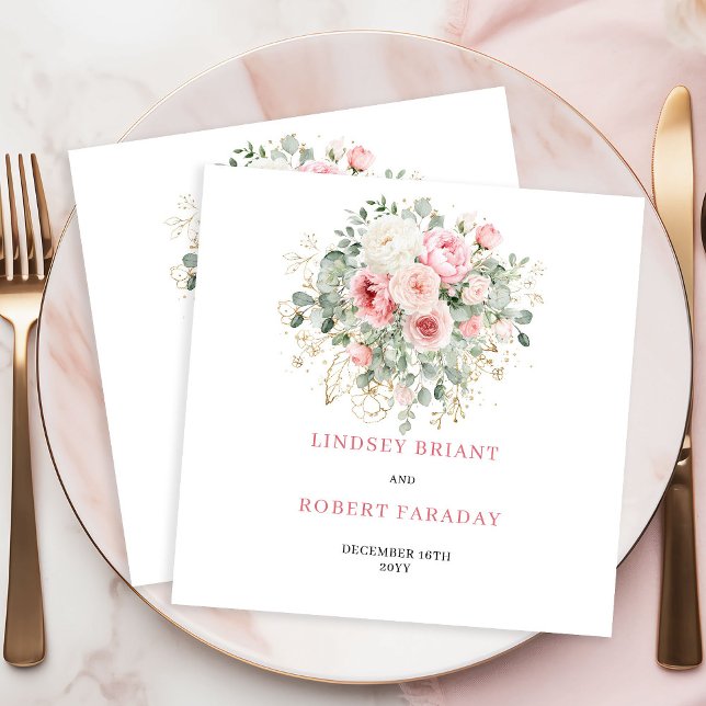 Enkla rosenskuggade florala gröna bröllopsservette pappersservett (Simple Blush Floral Greenery Wedding Napkins)