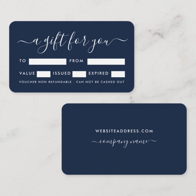 Enkla skript, Navy Blue & White Gift-certifikat Visitkort (Fram/baksida)