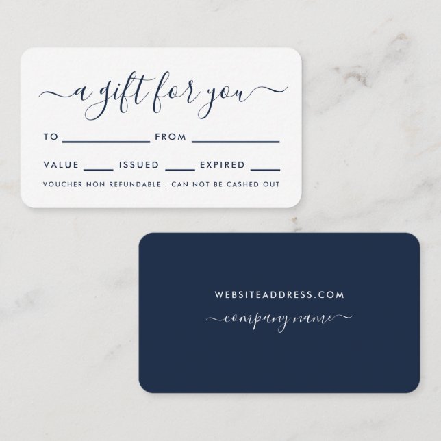 Enkla skript, Navy Blue & White Gift-certifikat Visitkort (Fram/baksida)