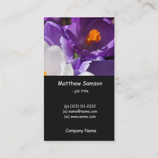enkla stil, vita och lila krokblommor visitkort (Framsida)