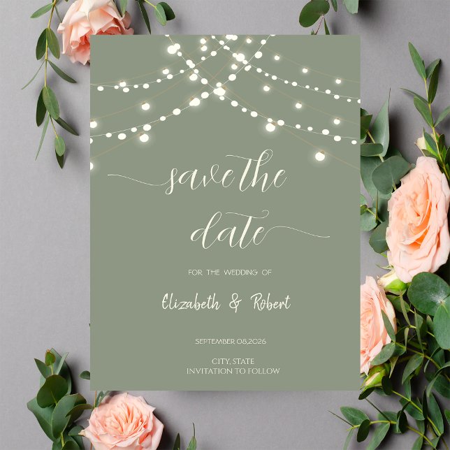 Enkla Strängljus Salvia Grön Save The Date Spara Datumet (Skapare uppladdad)