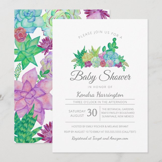 Enkla Succulents och Cacti Modern Baby Shower Inbjudningar (Fram/baksida)