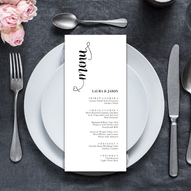 Enkla svart och vita menykort för bröllop meny (Simple black and white wedding menu cards add timeless elegance to each place setting)