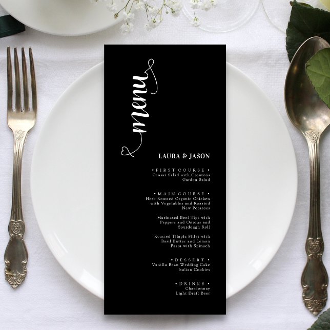 Enkla svart och vita menykort för bröllop meny (Simple black and white wedding menu cards create a clean, timeless feel for each place setting)