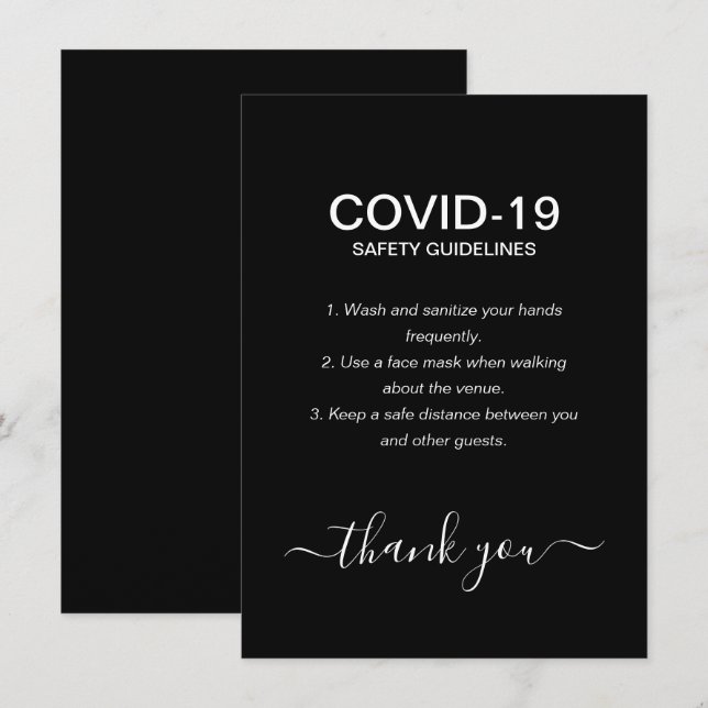 Enkla svart & vit Covid-säkerhetsriktlinjer Party Tilläggskort (Fram/baksida)