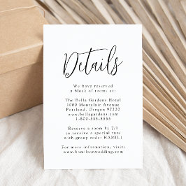 Enkla svarta bröllopsdetaljer med script-typografi tilläggskort