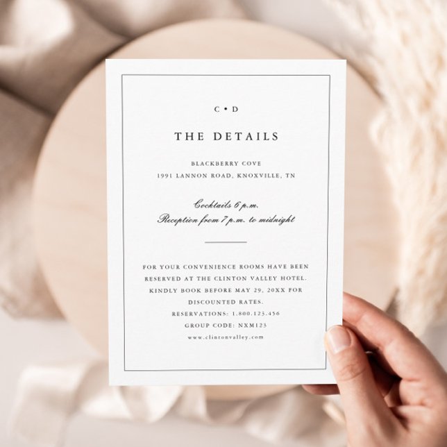 Enkla svarta och vita detaljer för bröllopsmonogra tilläggskort (Simple Monogram Wedding Details Enclosure Cards.)