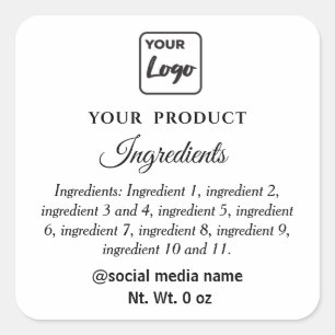 Enkla svarta och vita logotyp produkt ingredienser fyrkantigt klistermärke