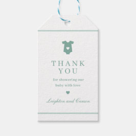 Enkla tackfavor till babykalas i salviagrönt presentetikett