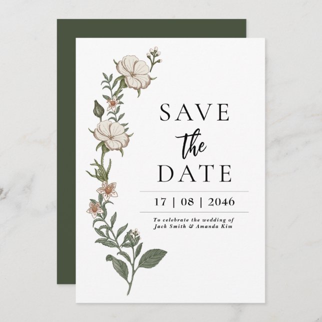 Enkla timodiga kort av blomman Bröllop spara datum (Fram/baksida)