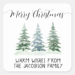 Enkla Vattenfärg Tallar God Jul Fyrkantigt Klistermärke
