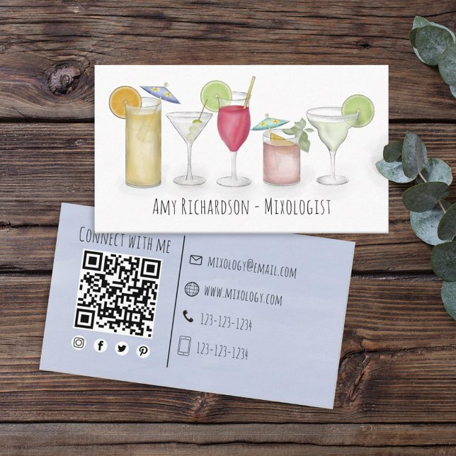 Enkla vattenfärgssvansar Drinks Bartender Visitkort (Skapare uppladdad)