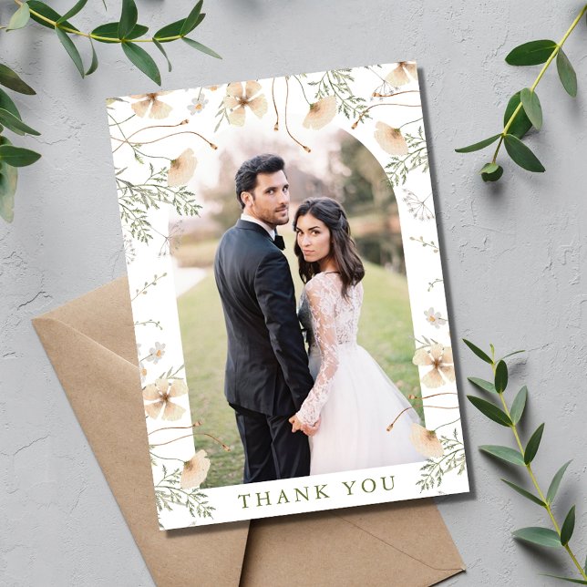 Enkla Vilda Blommor Båg Foto Bröllop Tack Kort (Simple Wildflowers Arch Photo Wedding Thank You Card)