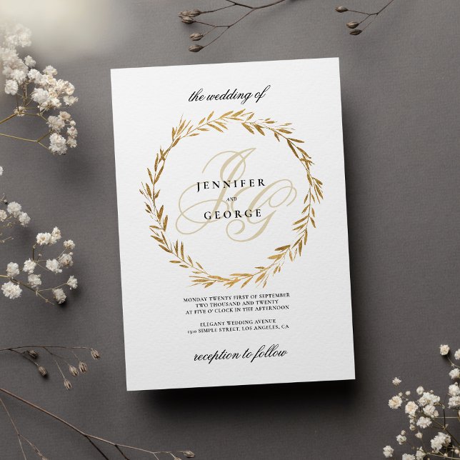 Enkla vita bladmonogram initialer Bröllop  Inbjudningar (Simple white gold leaf monogram initials Wedding)