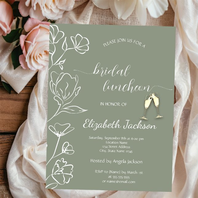 Enkla vita blommor Champagne Sage Grön Bröllop Inbjudningar (Skapare uppladdad)