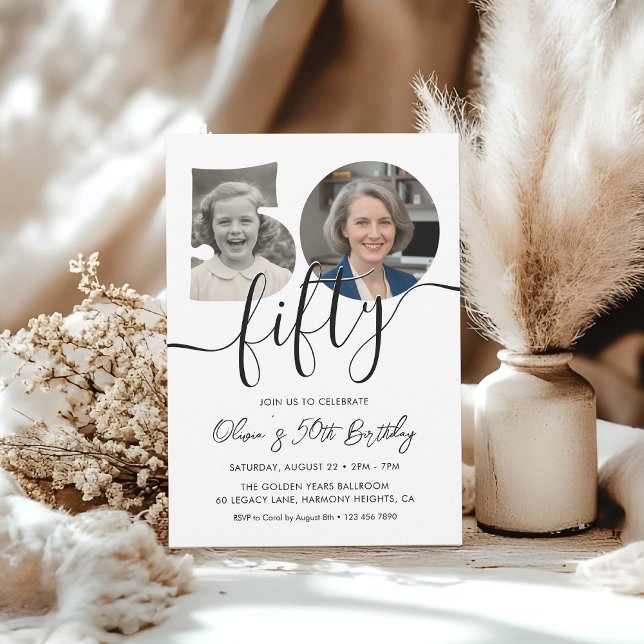 Enkla vuxna 50-års födelsedag svart och vit inbjudningar (Skapare uppladdad)