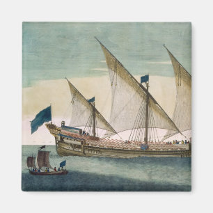 Enmasted Galleass under vid seglar långt, sh oars Magnet