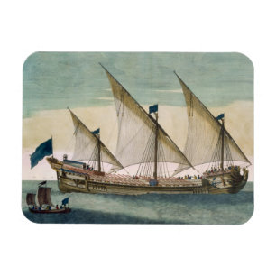Enmasted Galleass under vid seglar långt, sh oars Magnet