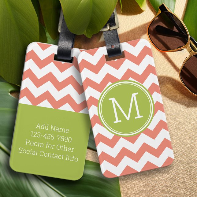 Enmonogram Chevron Mönster - korall och kalk Bagagebricka (Custom Monogram Luggage Tag)