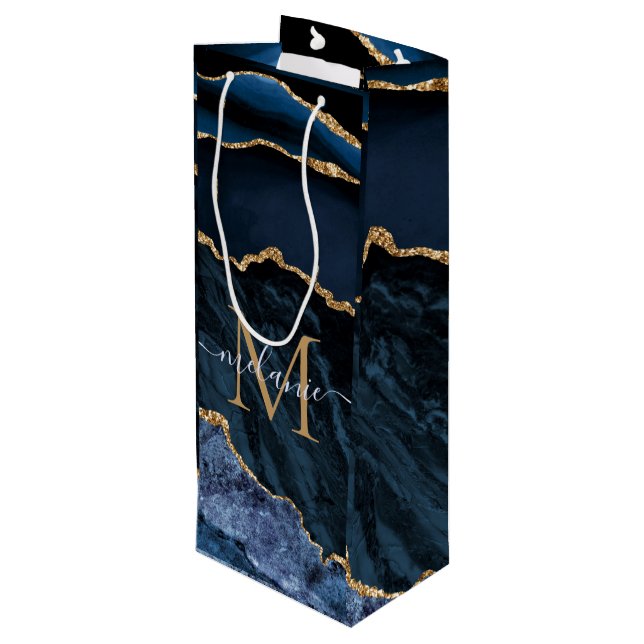 Enogram Namn Agate Navy Blue Guld Vin Gift Bag (Baksidan Vinklad)