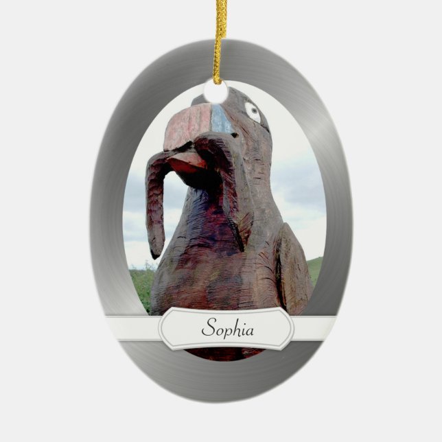 Enorm fågel med masken i näbb julgransprydnad keramik (Framsidan)