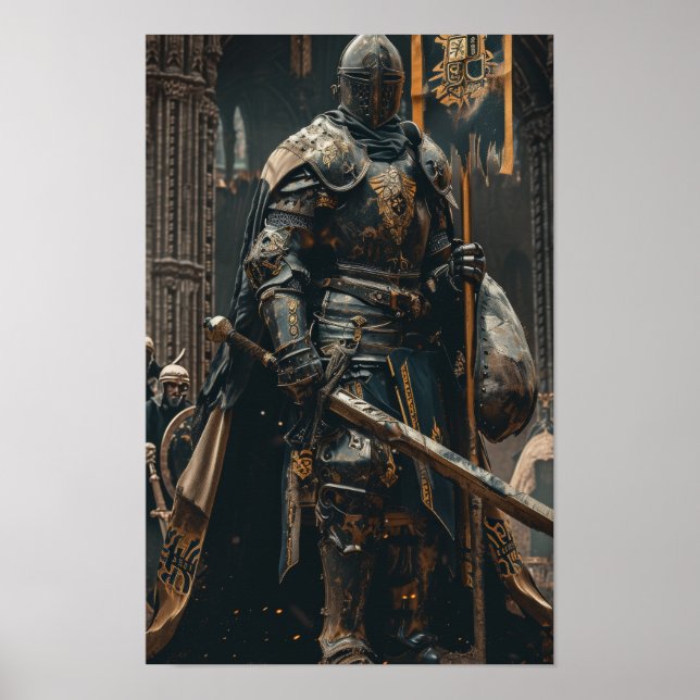 Enorma Knight Towering over Castle - Fantasy Pos Poster (Framsidan)