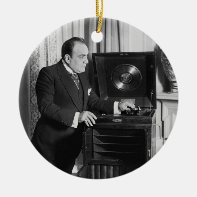 Enrico Caruso med en Victrola brännmärker Julgransprydnad Keramik (Framsidan)