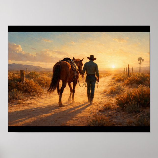 Ensam cowboy som går bredvid hästen poster (Framsidan)