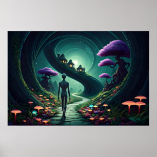 Ensam utomjording går stigen genom en utomjordisk poster