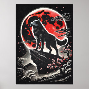 Ensam Varg I Röd Måne - Japansk Anime Tattoo Konst Poster