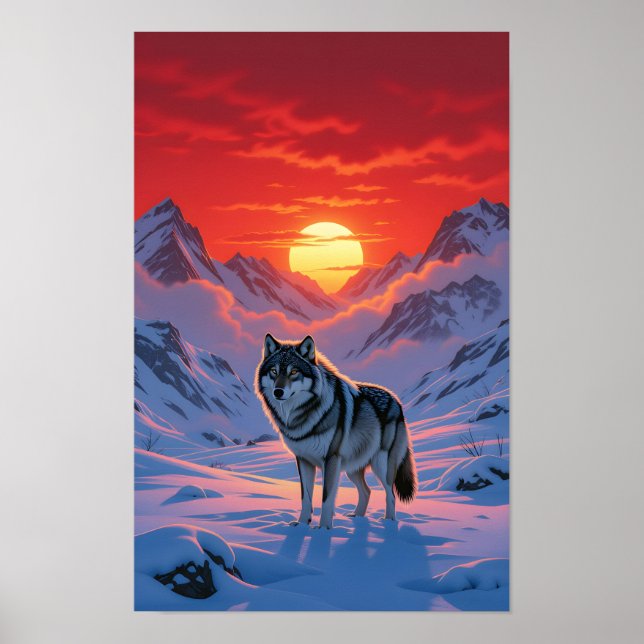 Ensam Varg Står Mot Solnedgången Poster (Framsidan)