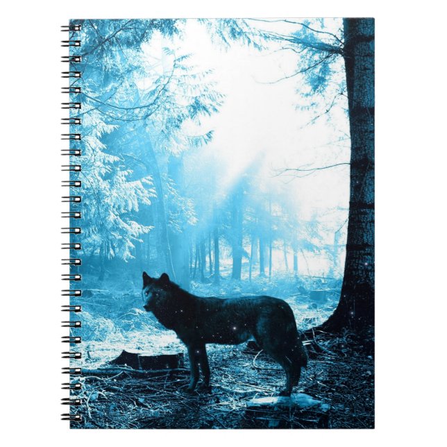 Ensamen Black Varg i skogen Anteckningsbok Med Spiral (Framsidan)