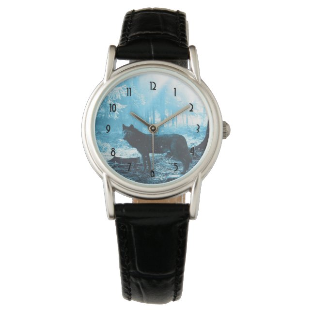 Ensamen Black Varg i skogen Armbandsur (Framsida)