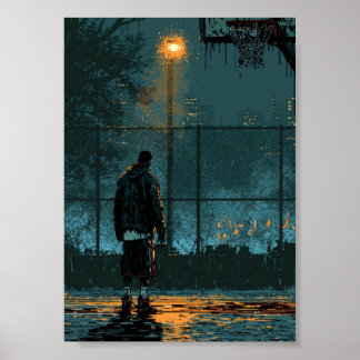 Ensamm Basketballspelare på Natten Poster