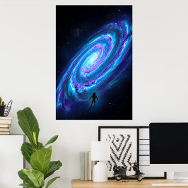 Ensamma astronauten glödande kosmisk spiralgalax poster
