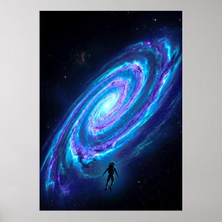 Ensamma astronauten lysande kosmisk spiralgalax poster