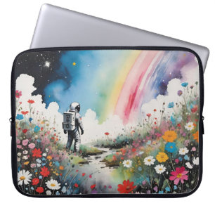 Ensamma astronauten på en blommig planet med regnb laptop fodral