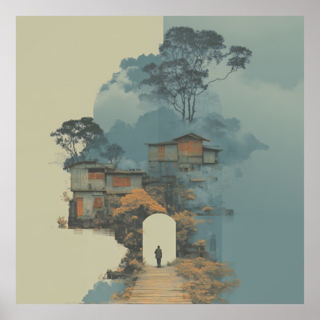 Ensamma figur surrealistiska flytande shantytown poster (Framsidan)
