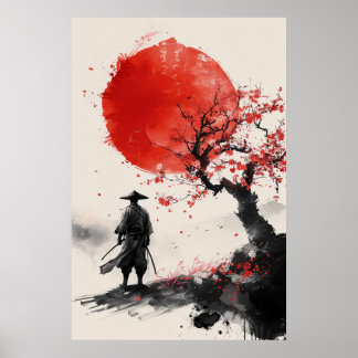 Ensamma Samuraj – Röd Sol Japansk Bläckkonst Poster